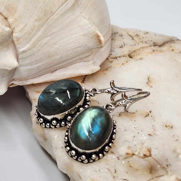 Natural Labradorite Stones Silver 925 Earrings - Picture 5 of 8